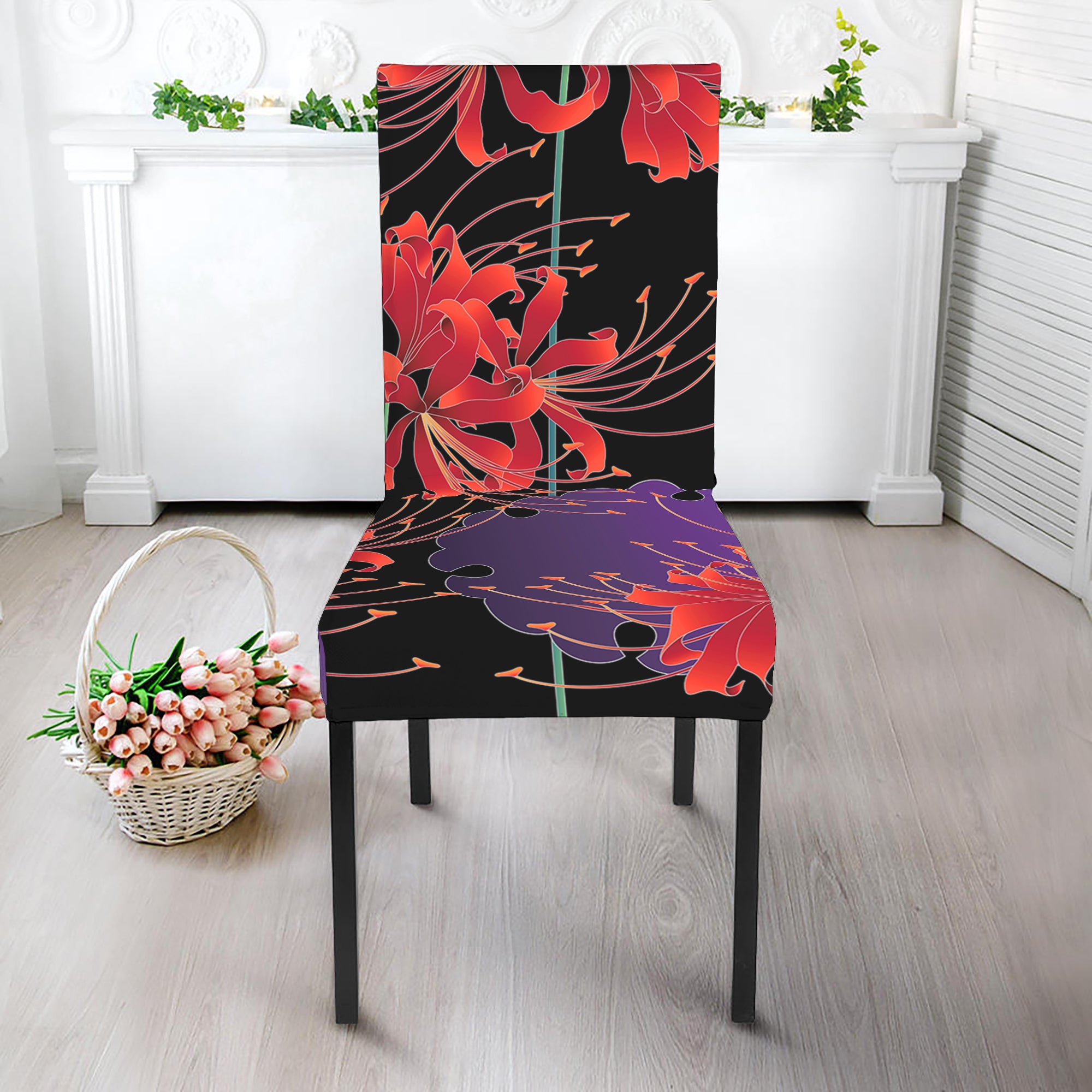 Red Japanese Amaryllis Pattern Print Dining Chair Slipcover