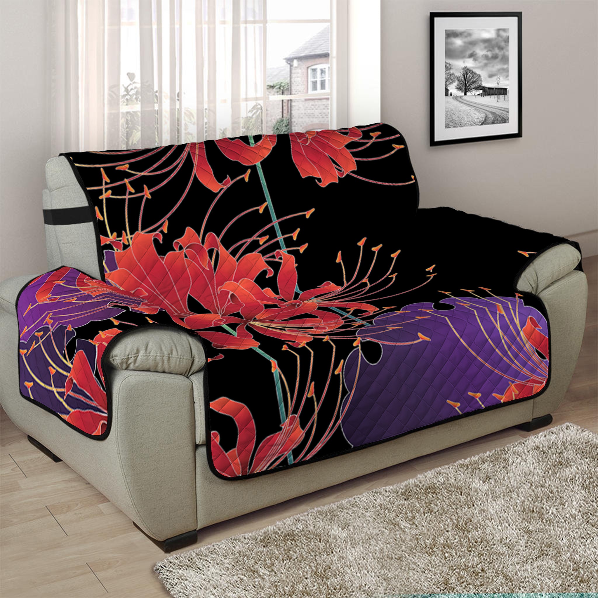 Red Japanese Amaryllis Pattern Print Half Sofa Protector