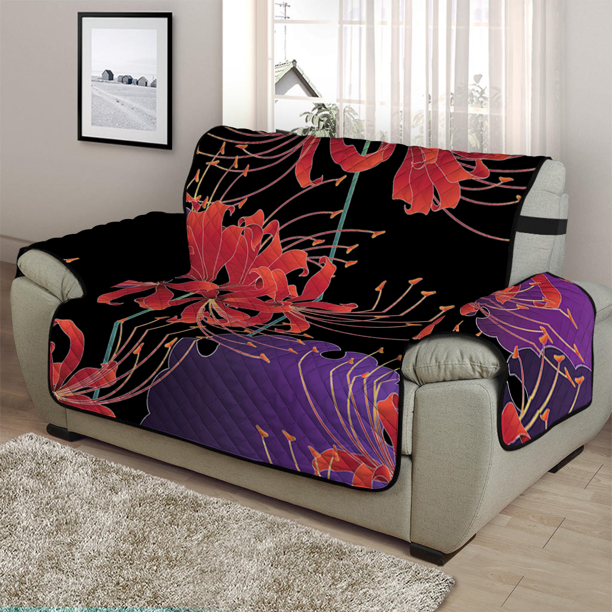 Red Japanese Amaryllis Pattern Print Half Sofa Protector