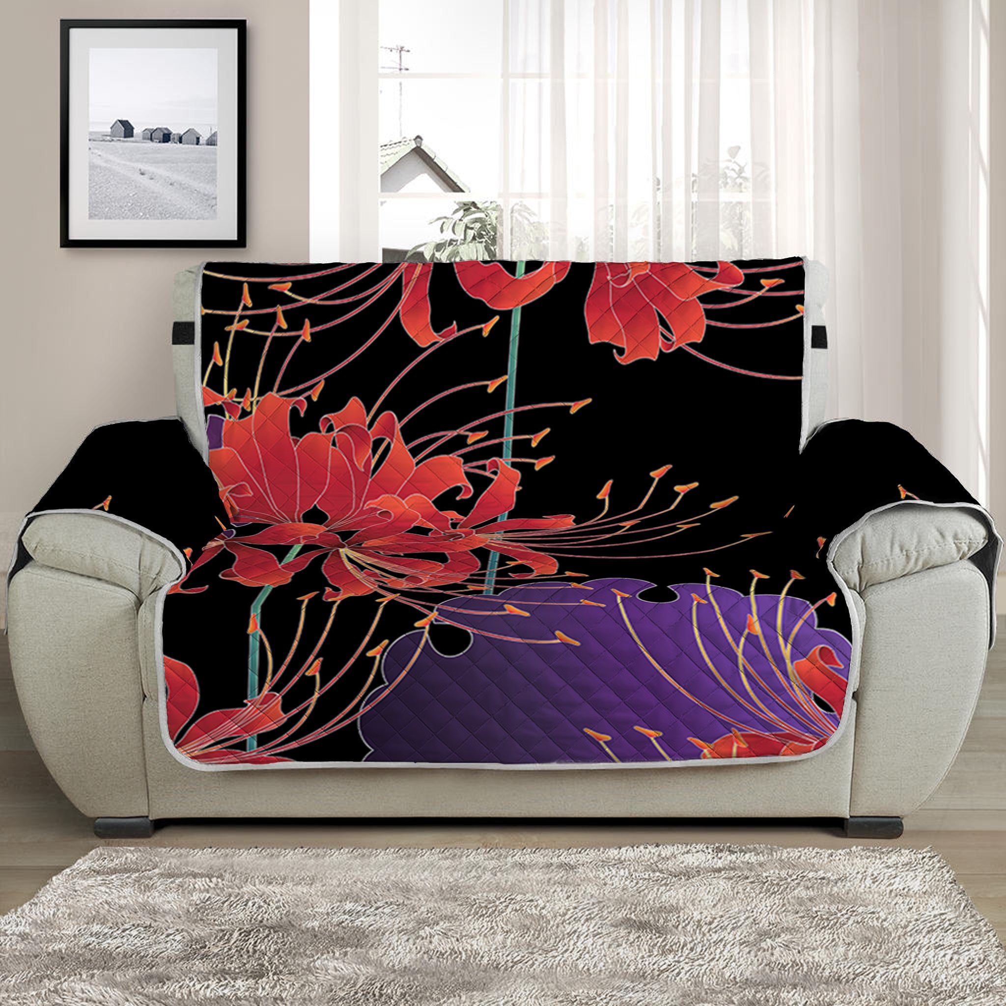 Red Japanese Amaryllis Pattern Print Half Sofa Protector