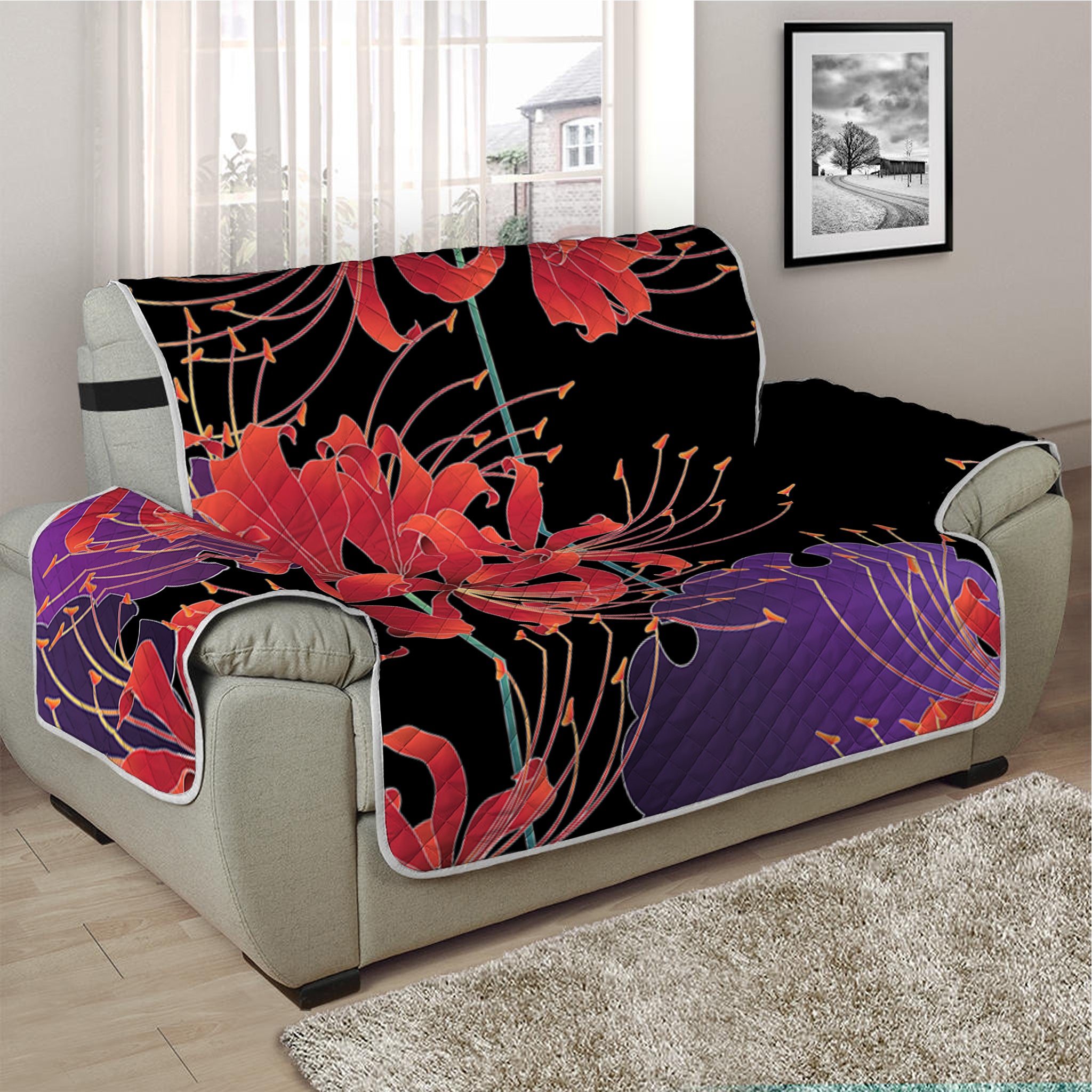 Red Japanese Amaryllis Pattern Print Half Sofa Protector