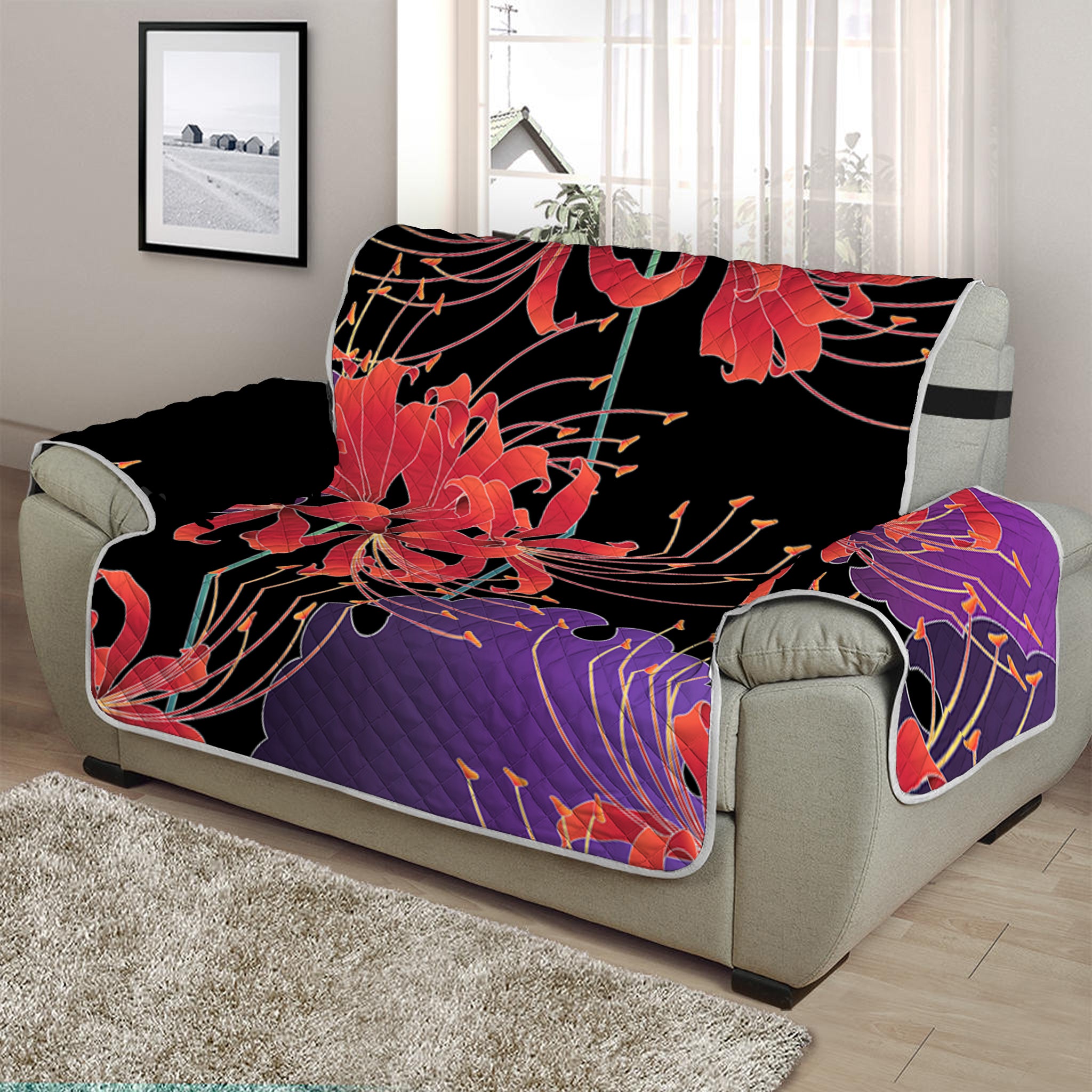 Red Japanese Amaryllis Pattern Print Half Sofa Protector