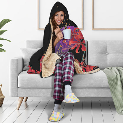 Red Japanese Amaryllis Pattern Print Hooded Blanket