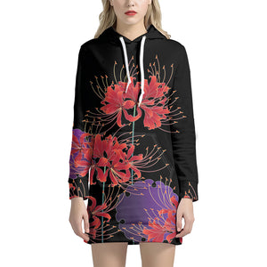 Red Japanese Amaryllis Pattern Print Hoodie Dress