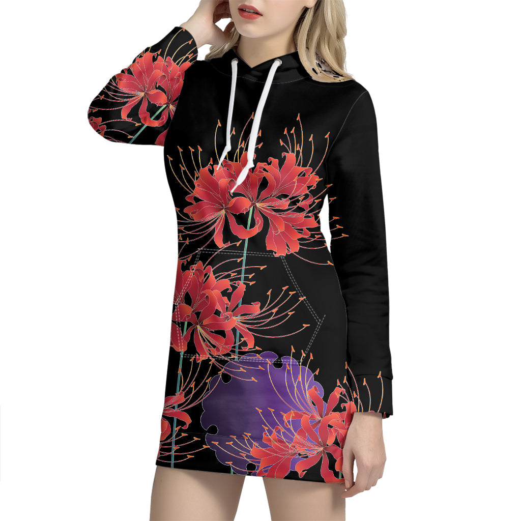 Red Japanese Amaryllis Pattern Print Hoodie Dress