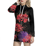 Red Japanese Amaryllis Pattern Print Hoodie Dress