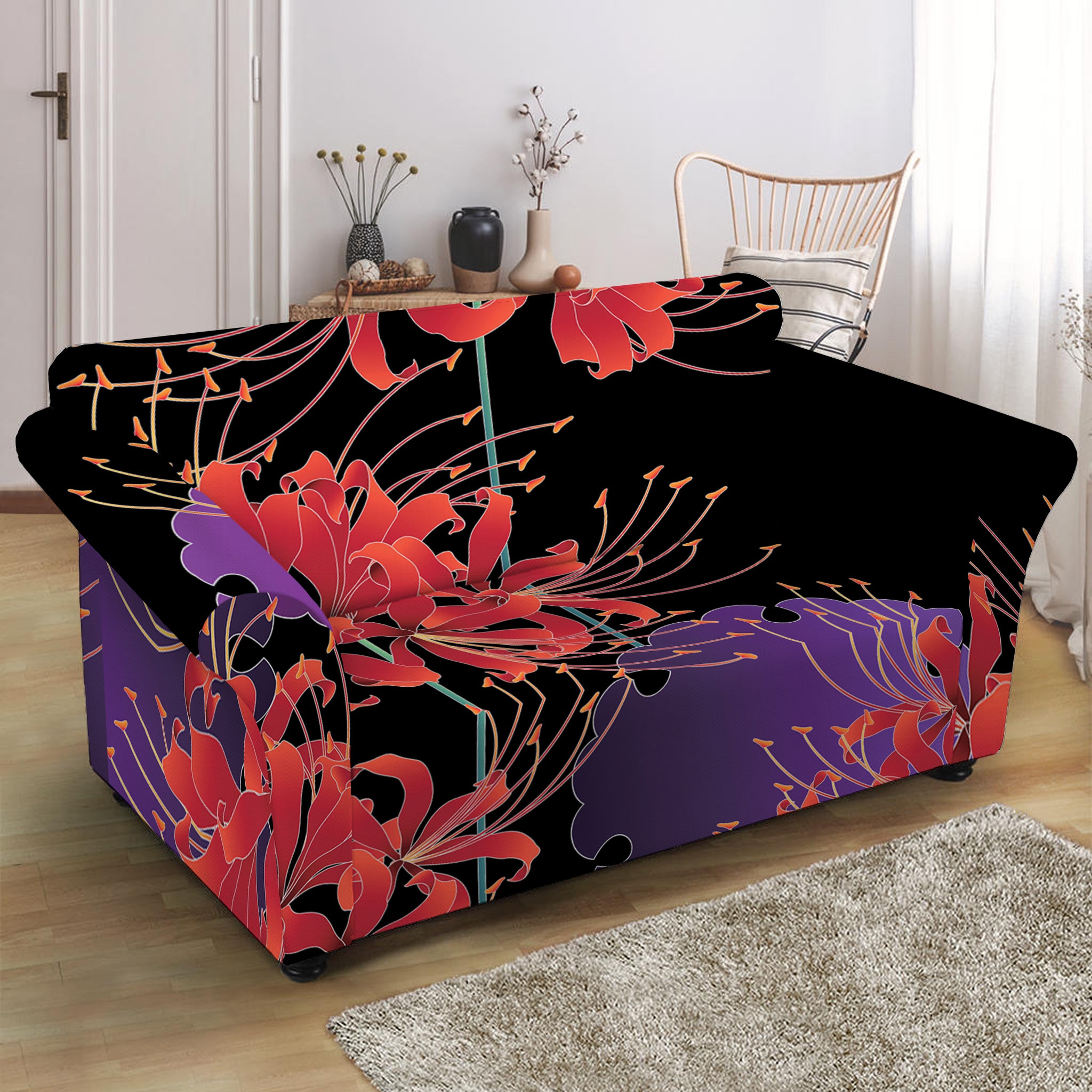 Red Japanese Amaryllis Pattern Print Loveseat Slipcover