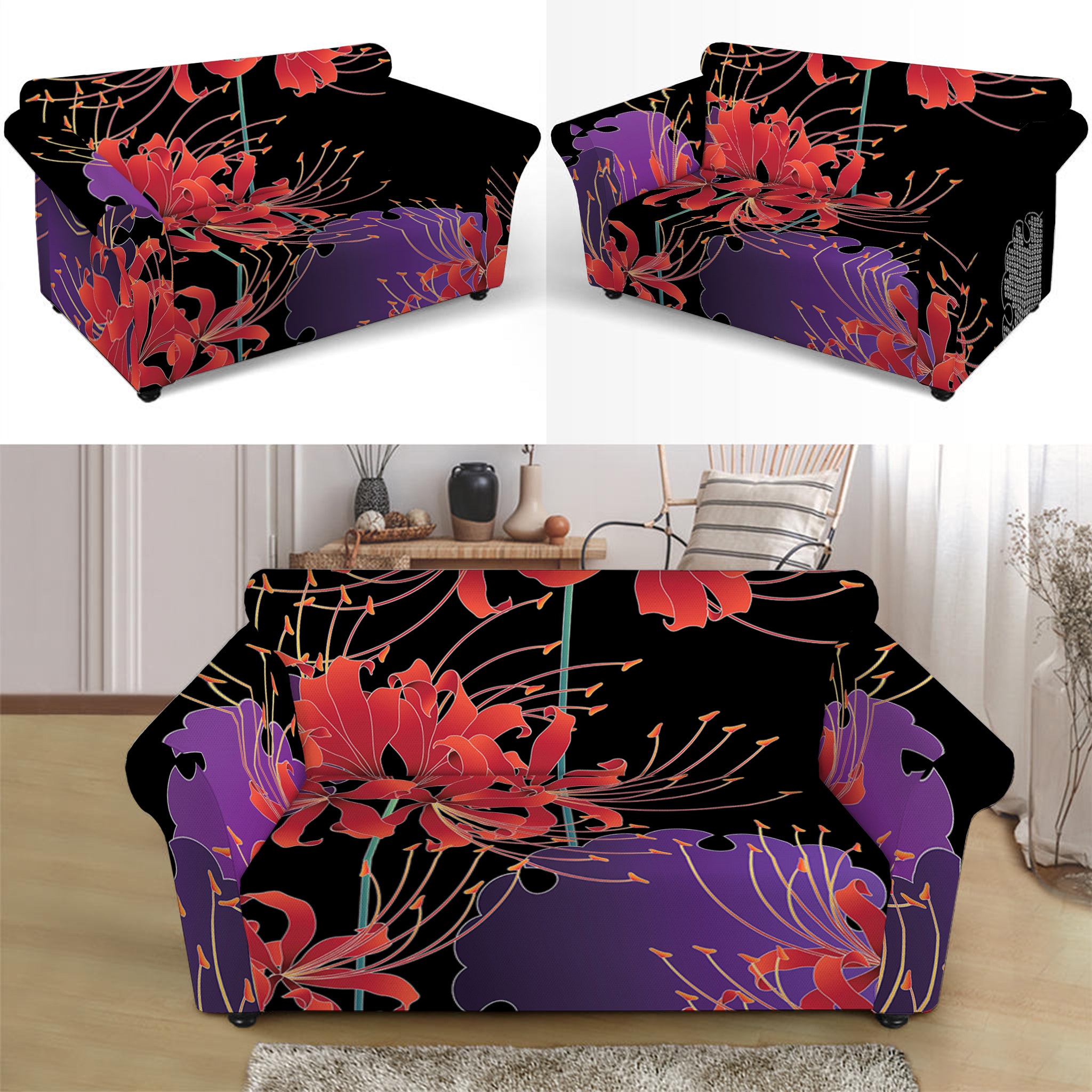 Red Japanese Amaryllis Pattern Print Loveseat Slipcover