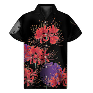 Red Japanese Amaryllis Pattern Print Men's Short Sleeve Shirt