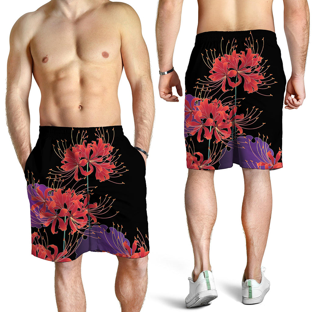 Red Japanese Amaryllis Pattern Print Men's Shorts