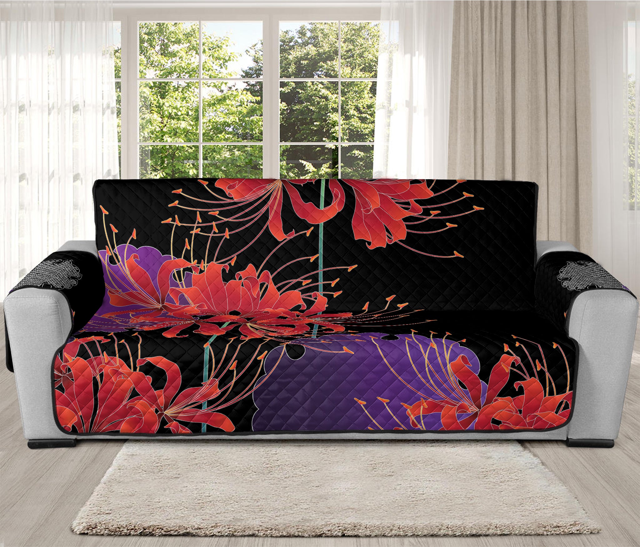 Red Japanese Amaryllis Pattern Print Oversized Sofa Protector