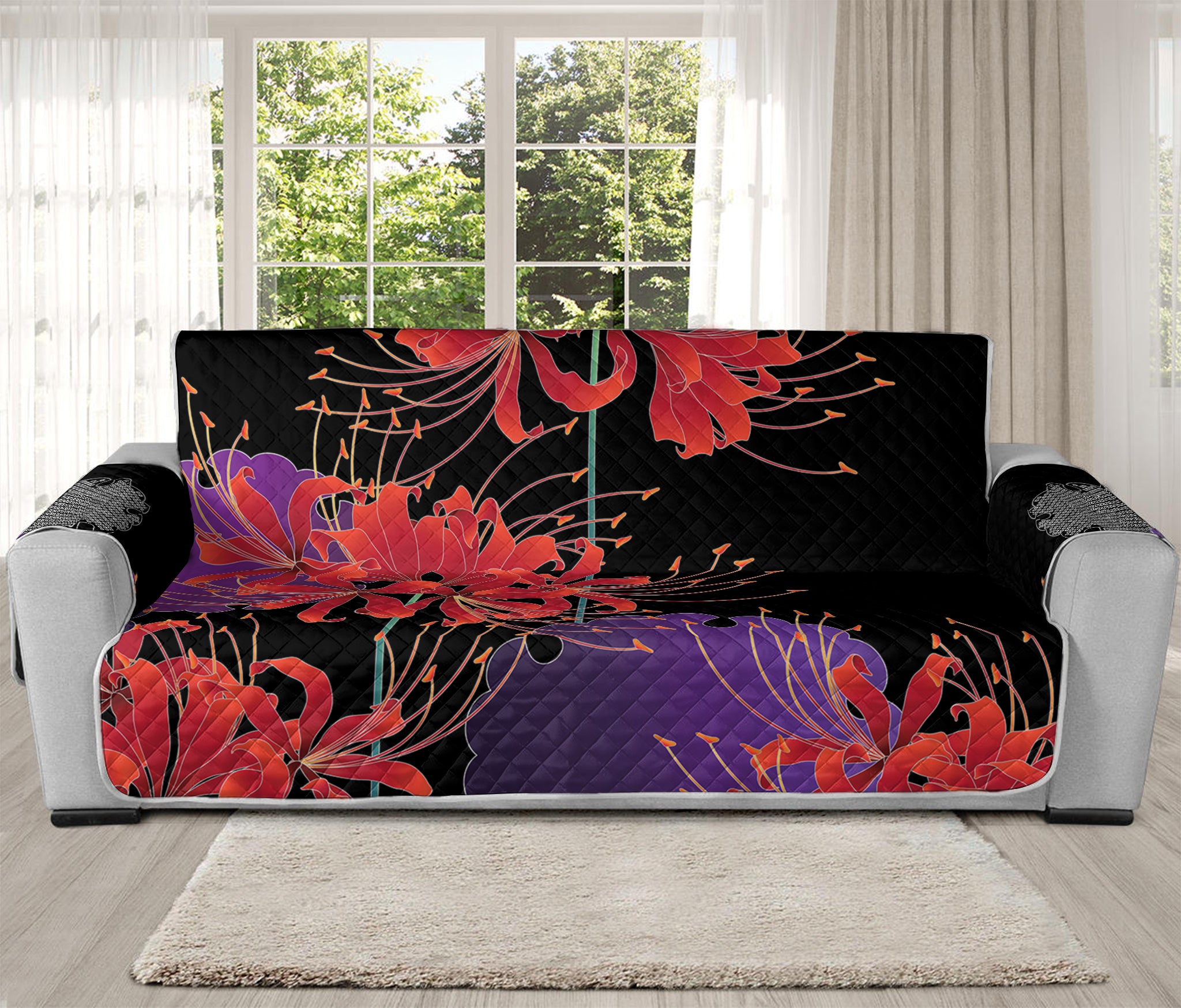 Red Japanese Amaryllis Pattern Print Oversized Sofa Protector