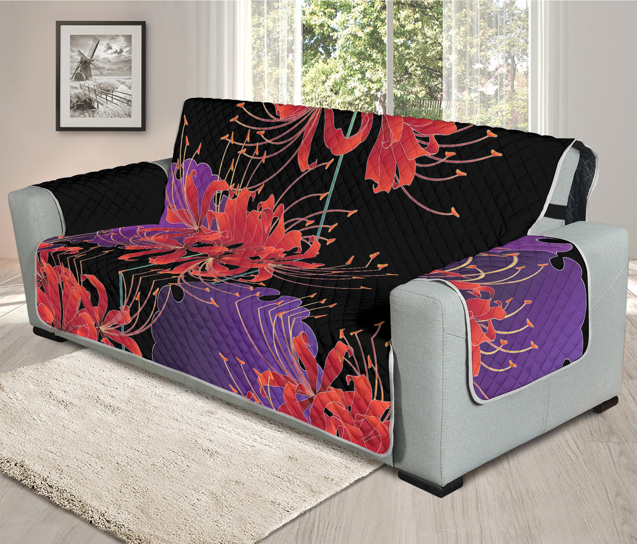 Red Japanese Amaryllis Pattern Print Oversized Sofa Protector