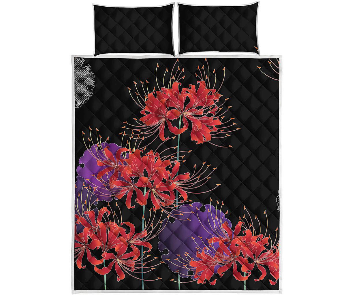 Red Japanese Amaryllis Pattern Print Quilt Bed Set
