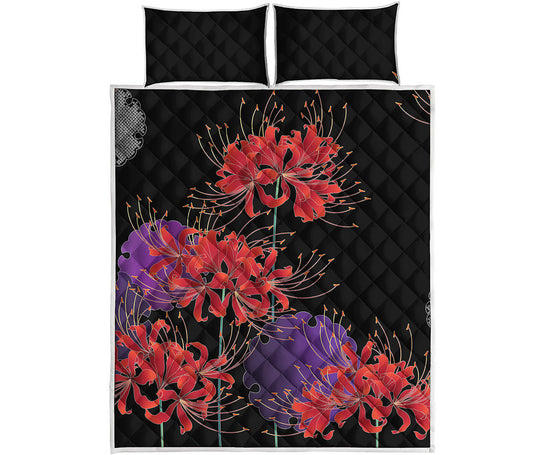 Red Japanese Amaryllis Pattern Print Quilt Bed Set