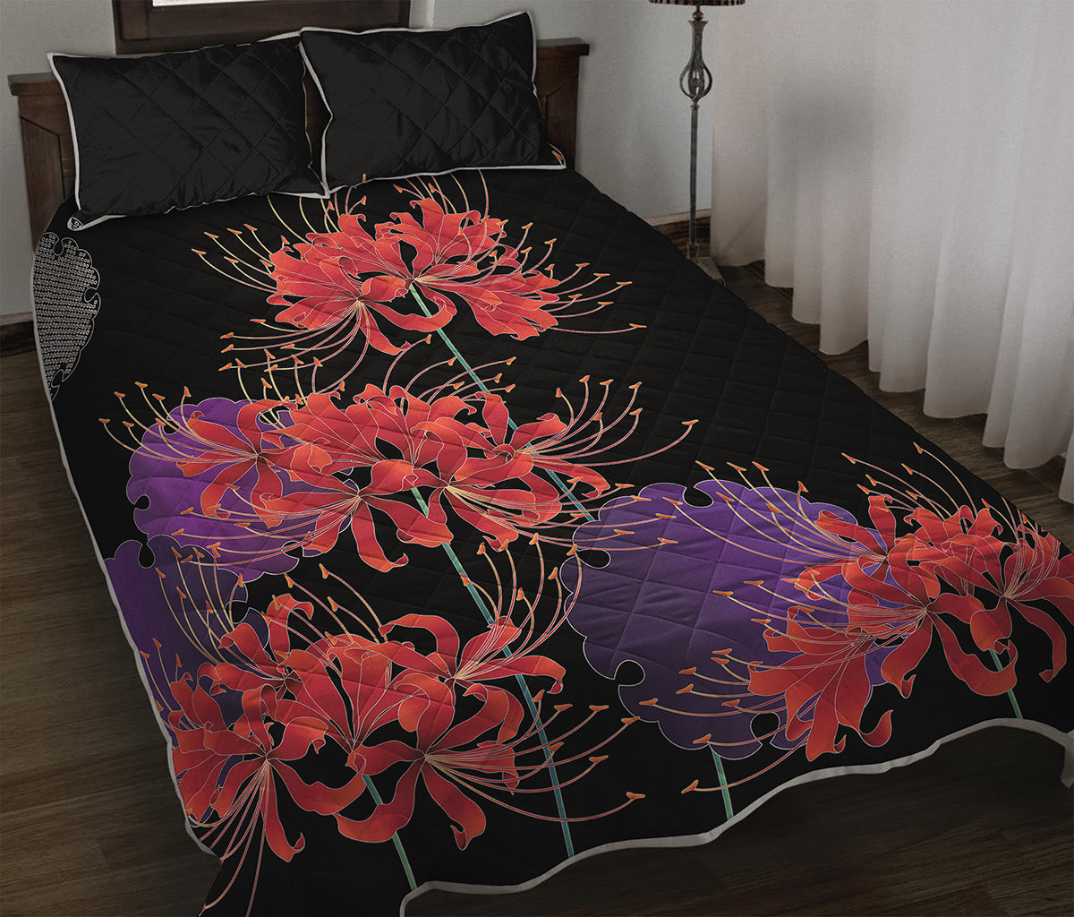 Red Japanese Amaryllis Pattern Print Quilt Bed Set