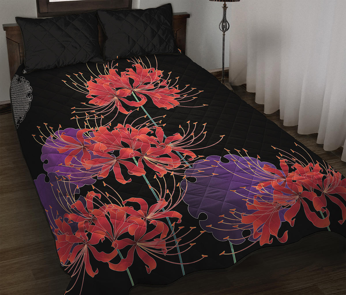 Red Japanese Amaryllis Pattern Print Quilt Bed Set