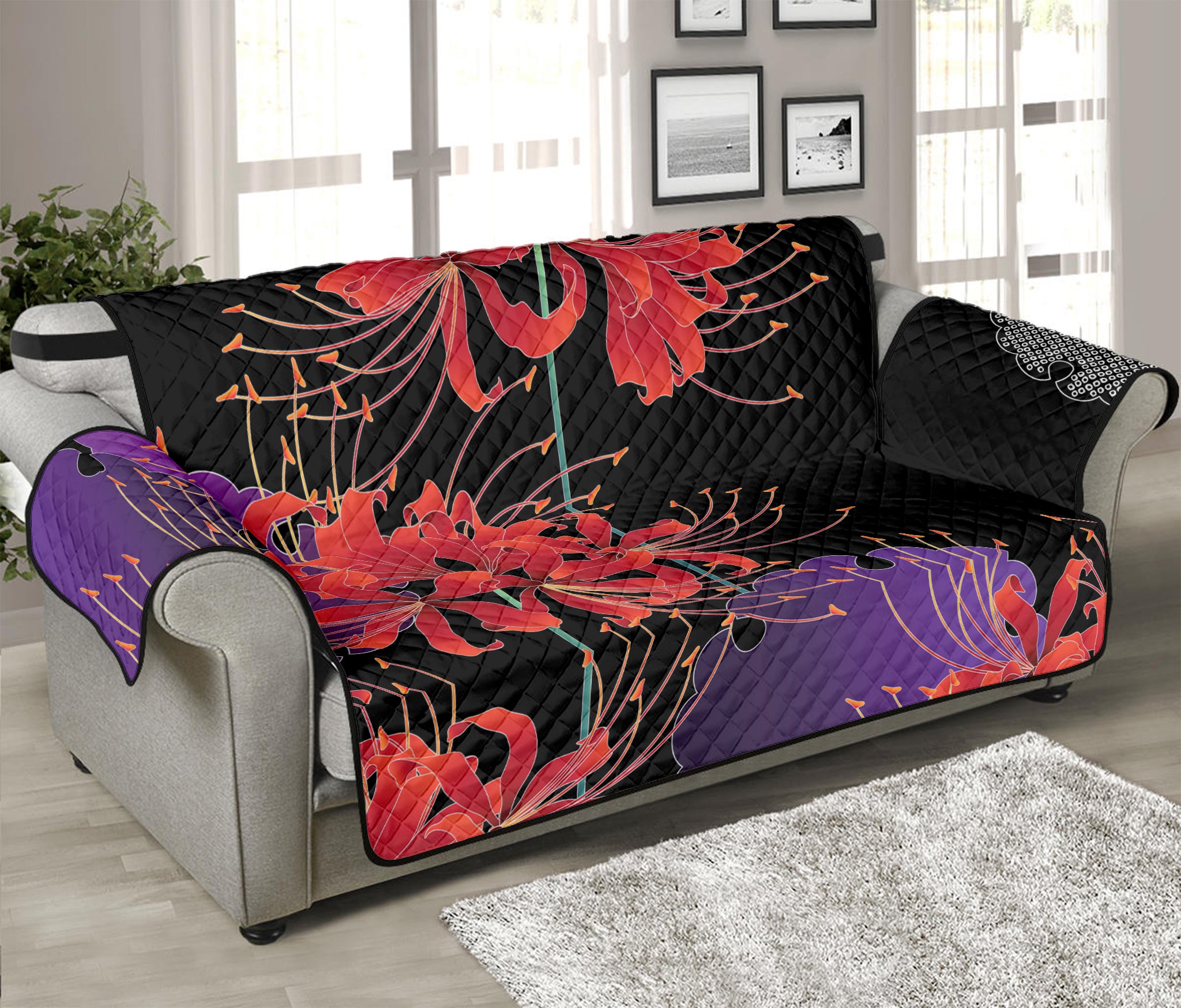 Red Japanese Amaryllis Pattern Print Sofa Protector