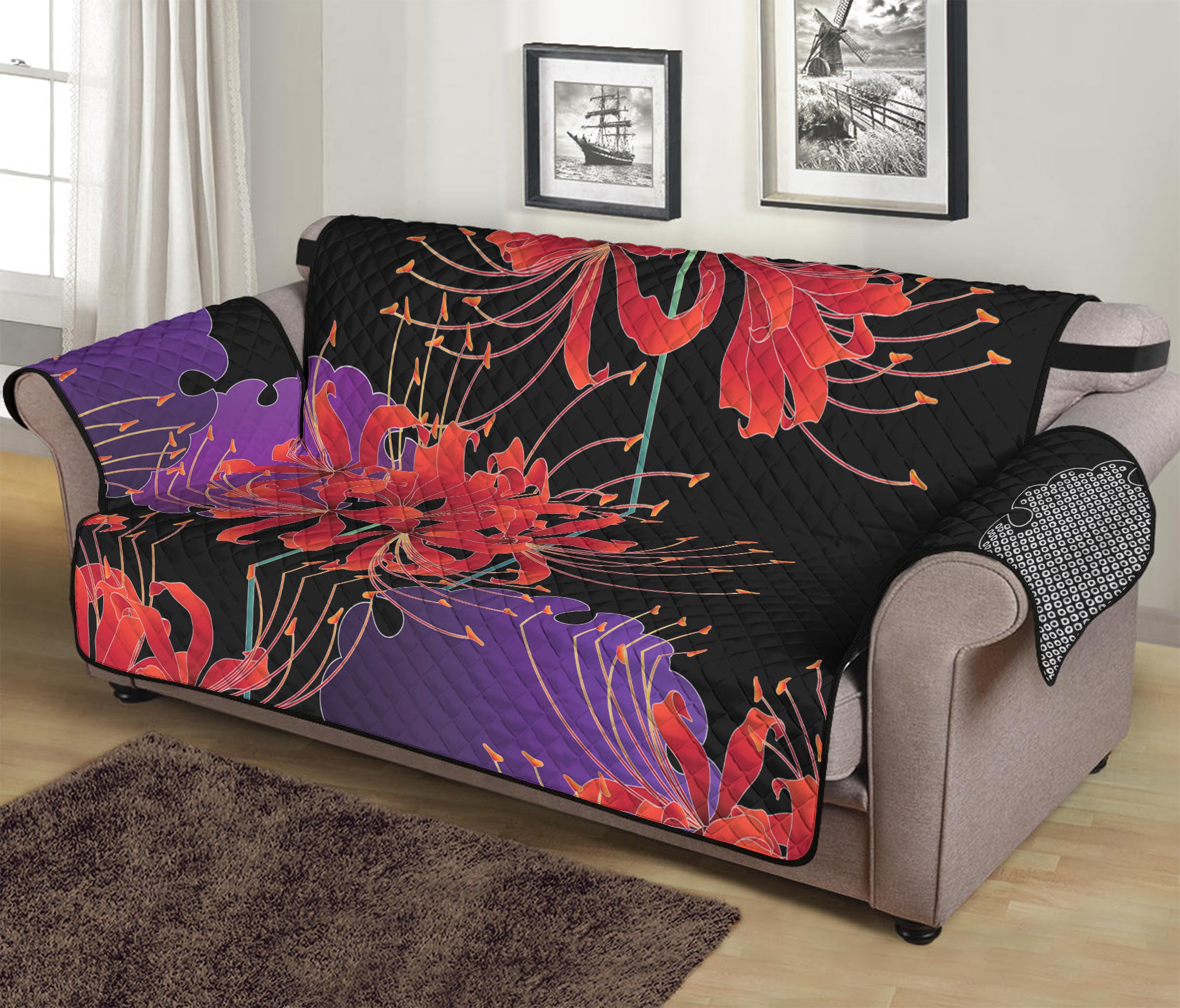 Red Japanese Amaryllis Pattern Print Sofa Protector