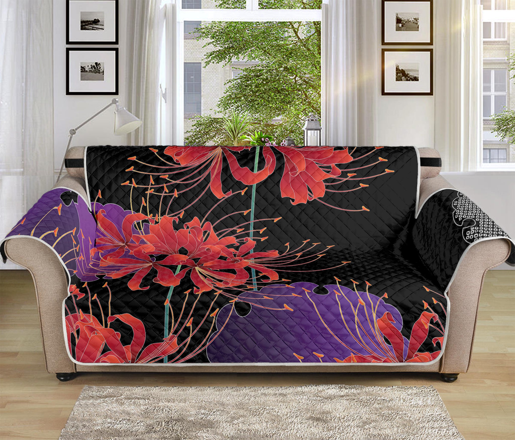 Red Japanese Amaryllis Pattern Print Sofa Protector