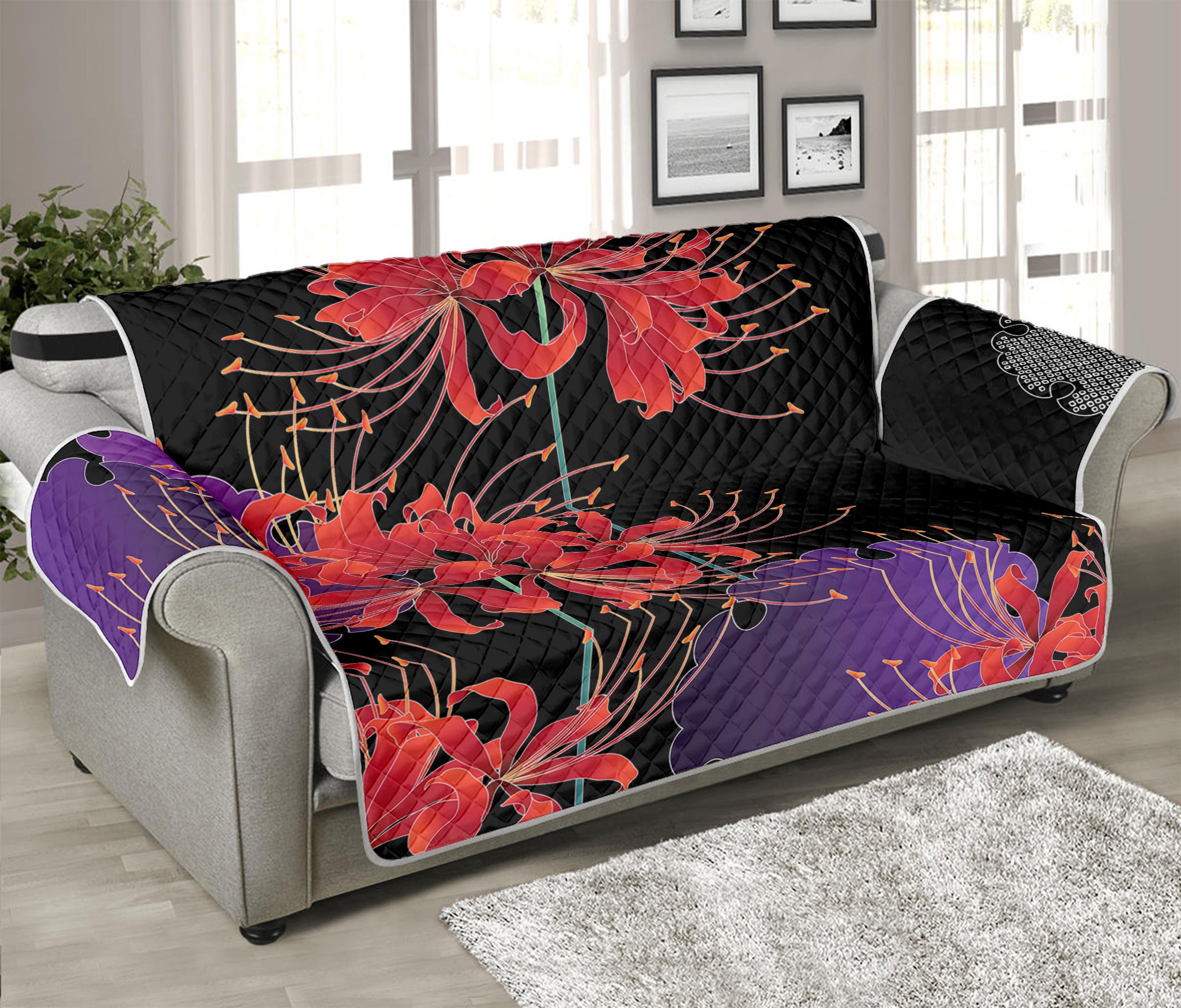 Red Japanese Amaryllis Pattern Print Sofa Protector