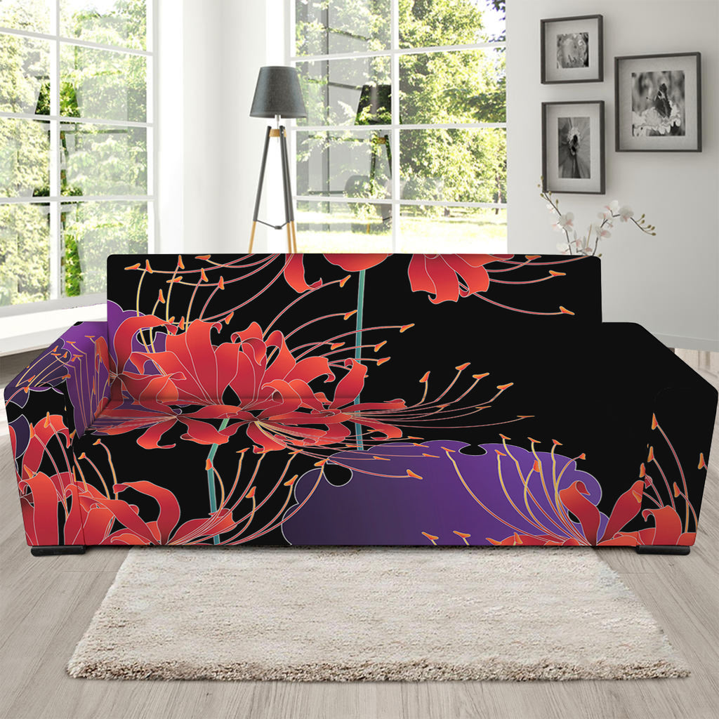 Red Japanese Amaryllis Pattern Print Sofa Slipcover