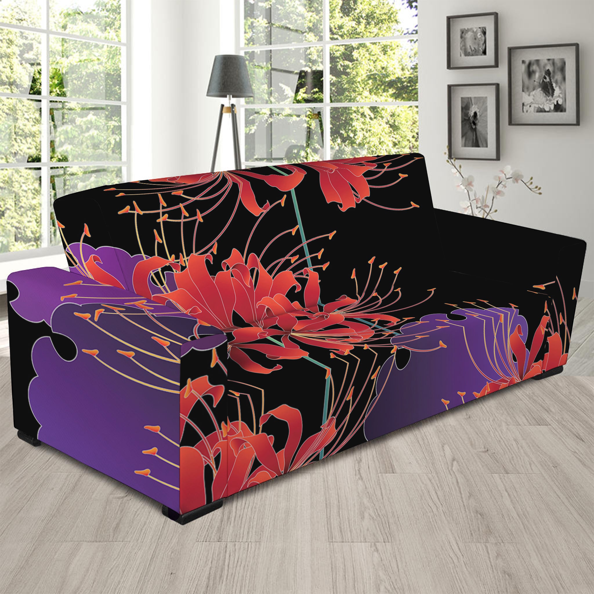 Red Japanese Amaryllis Pattern Print Sofa Slipcover