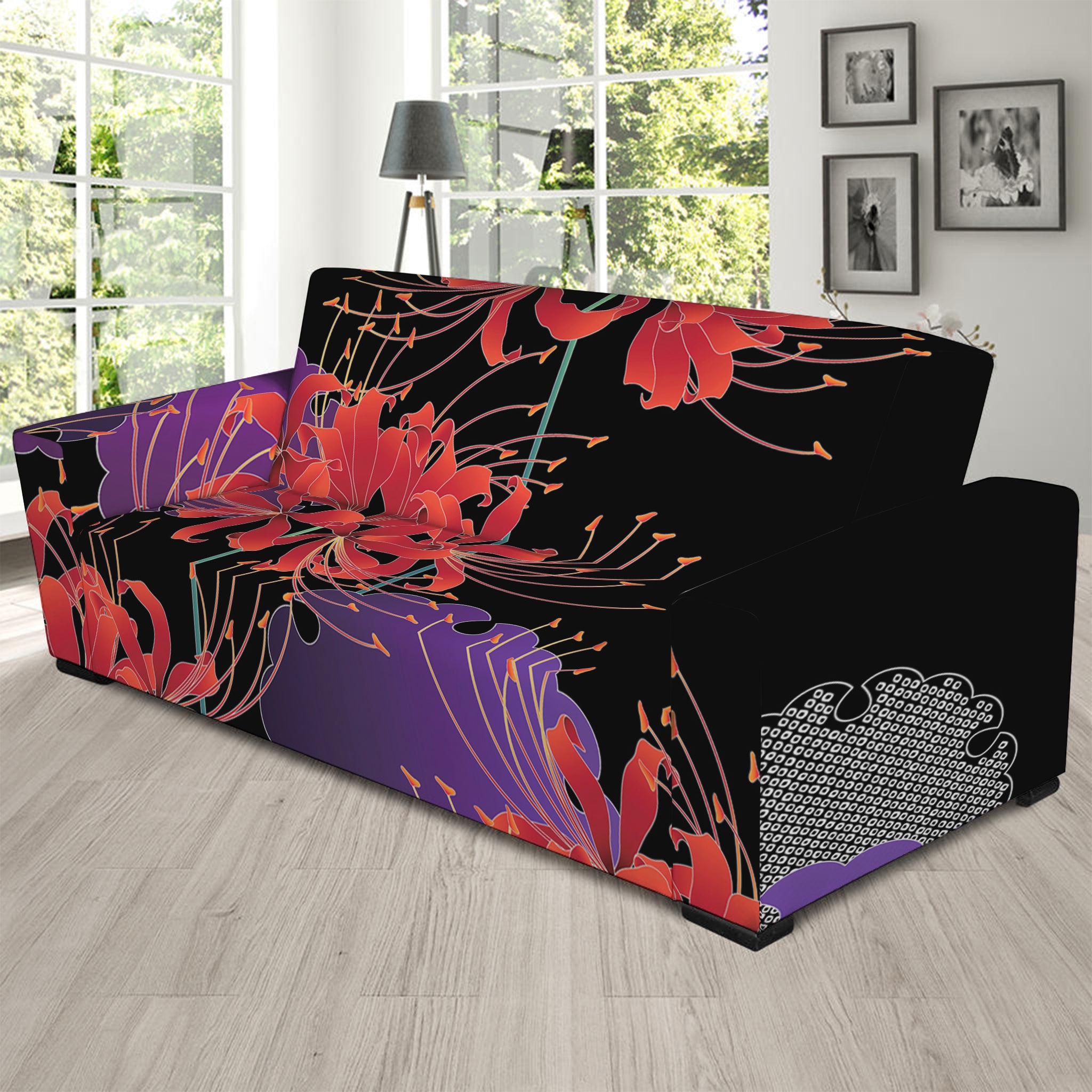 Red Japanese Amaryllis Pattern Print Sofa Slipcover