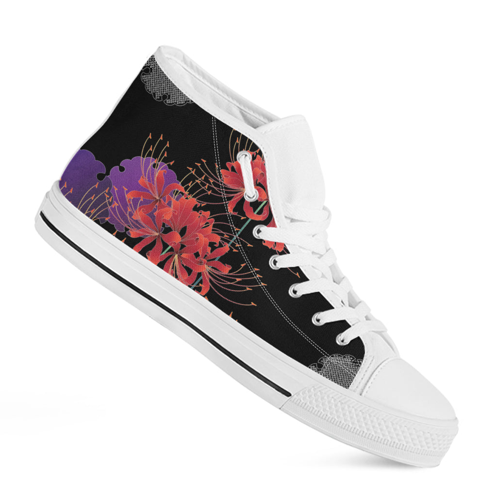 Red Japanese Amaryllis Pattern Print White High Top Shoes