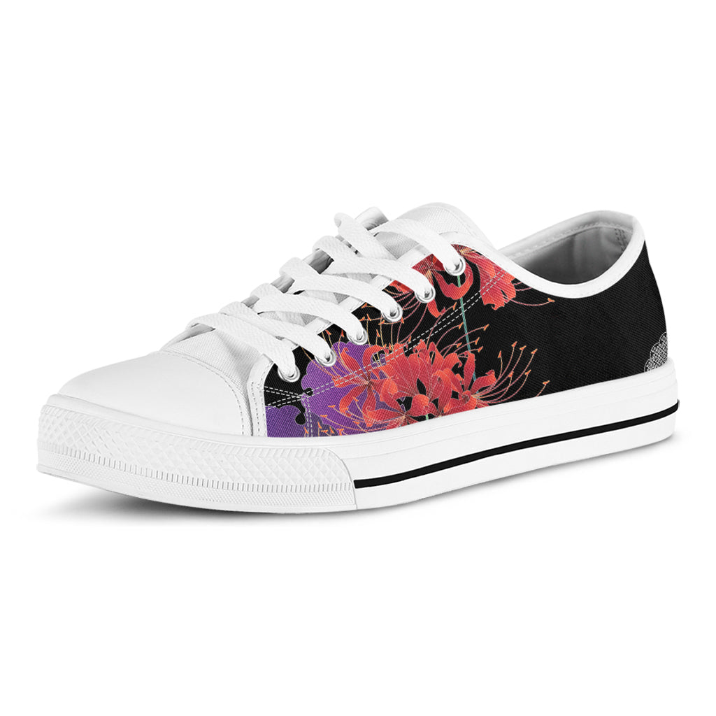 Red Japanese Amaryllis Pattern Print White Low Top Shoes