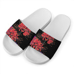 Red Japanese Amaryllis Pattern Print White Slide Sandals