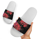 Red Japanese Amaryllis Pattern Print White Slide Sandals