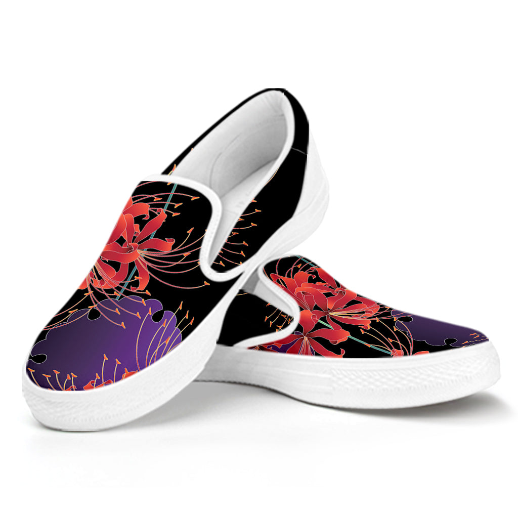 Red Japanese Amaryllis Pattern Print White Slip On Shoes