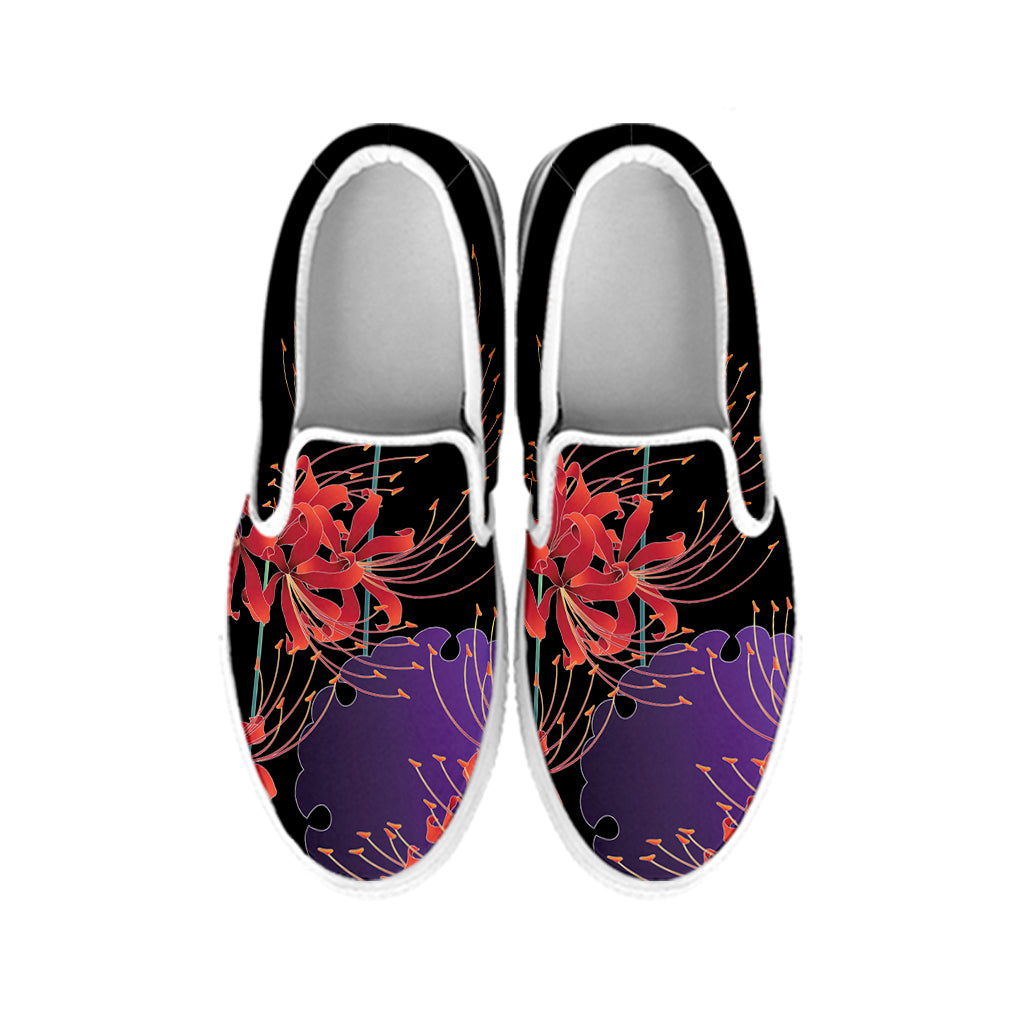 Red Japanese Amaryllis Pattern Print White Slip On Shoes