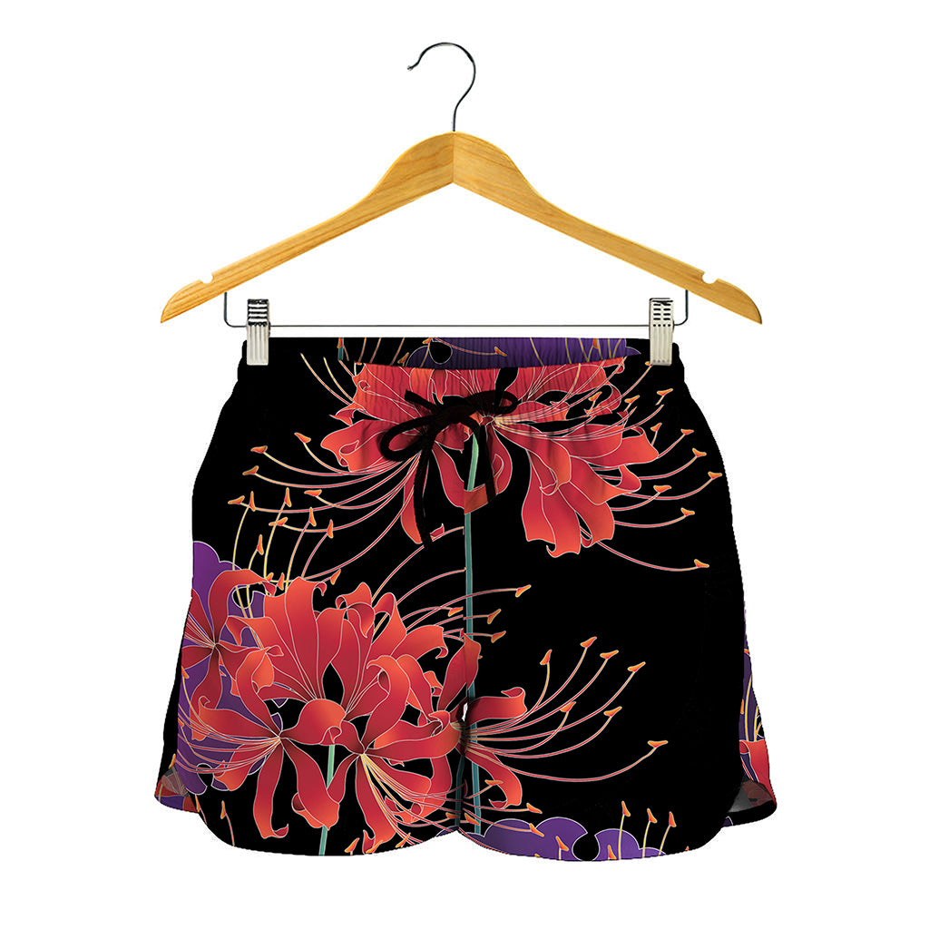 Red Japanese Amaryllis Pattern Print Women's Shorts