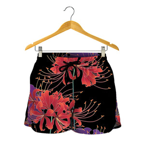 Red Japanese Amaryllis Pattern Print Women's Shorts