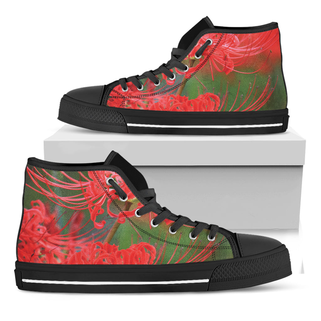 Red Japanese Amaryllis Print Black High Top Shoes