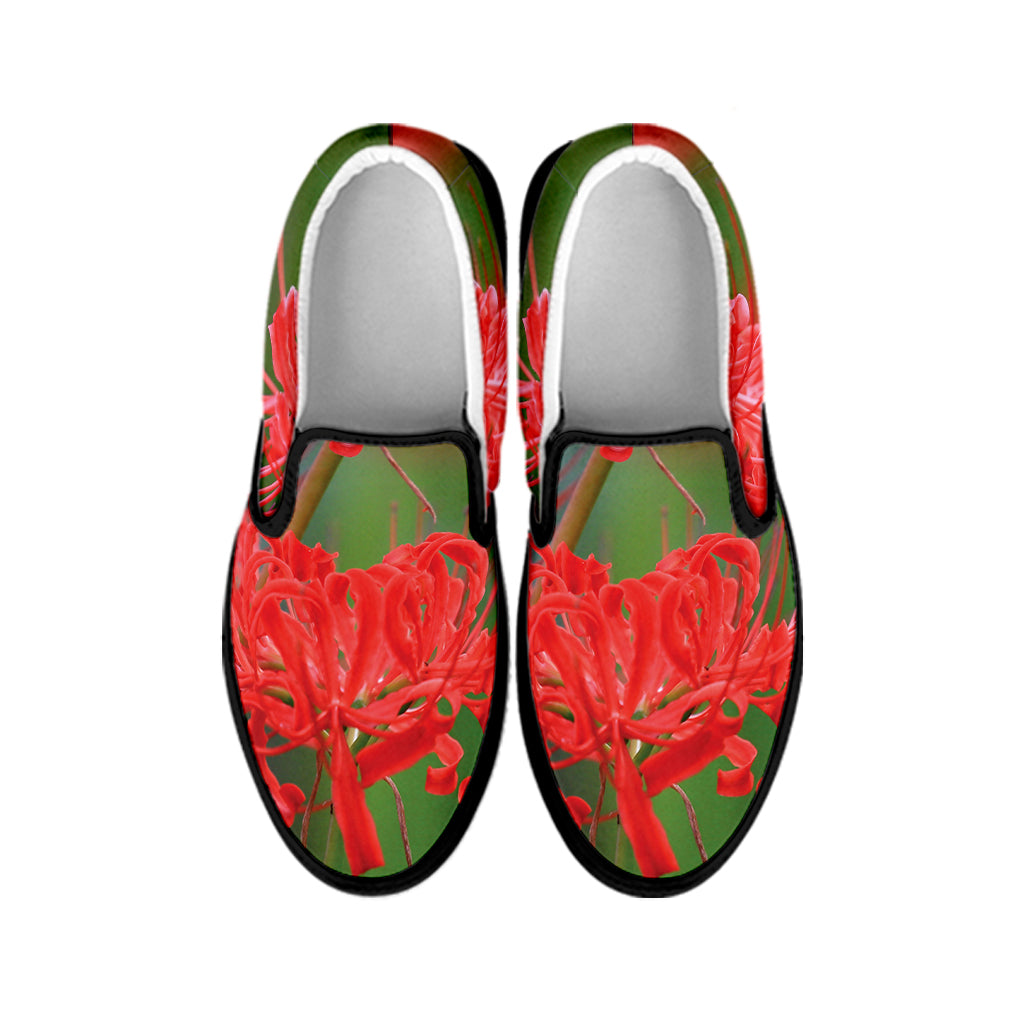 Red Japanese Amaryllis Print Black Slip On Shoes