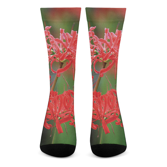 Red Japanese Amaryllis Print Crew Socks