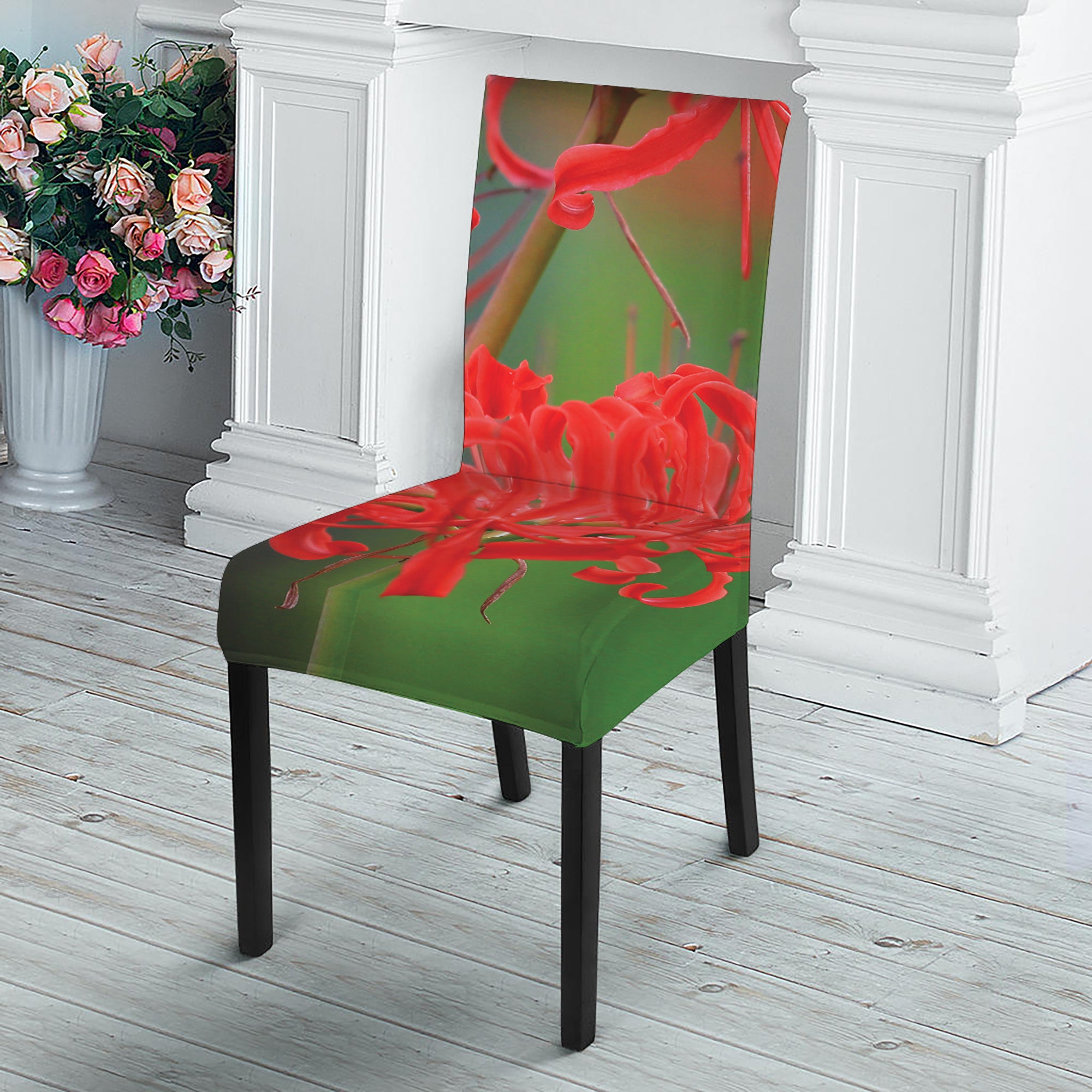 Red Japanese Amaryllis Print Dining Chair Slipcover