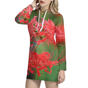 Red Japanese Amaryllis Print Hoodie Dress