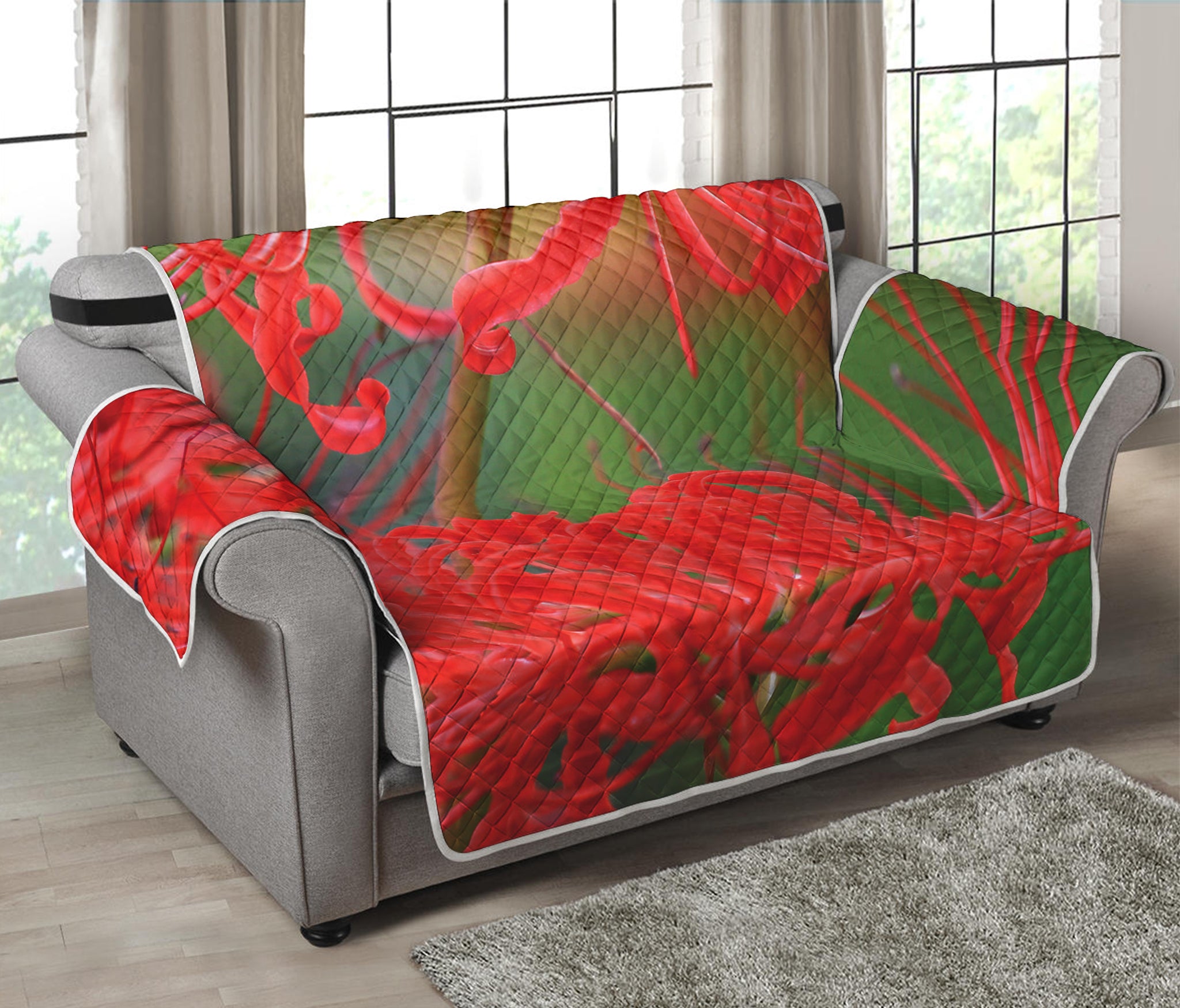 Red Japanese Amaryllis Print Loveseat Protector