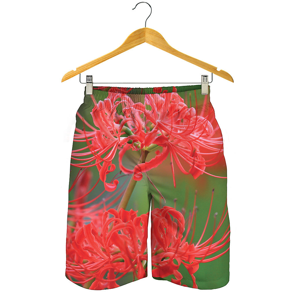 Red Japanese Amaryllis Print Men's Shorts