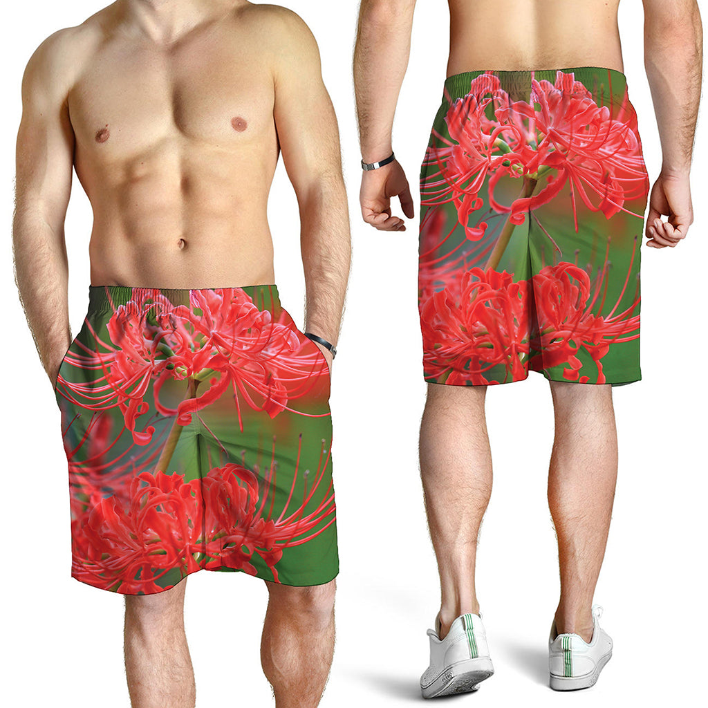 Red Japanese Amaryllis Print Men's Shorts