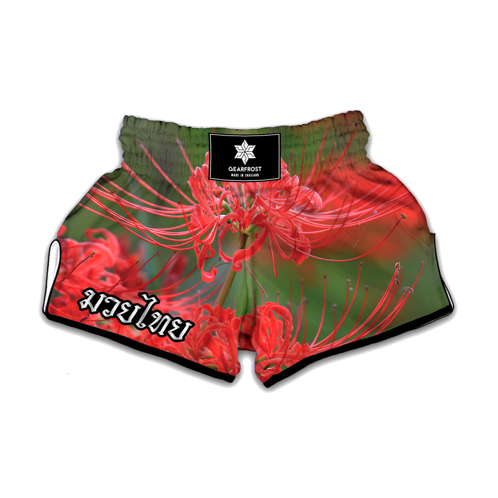 Red Japanese Amaryllis Print Muay Thai Boxing Shorts