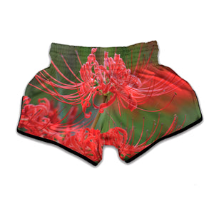 Red Japanese Amaryllis Print Muay Thai Boxing Shorts