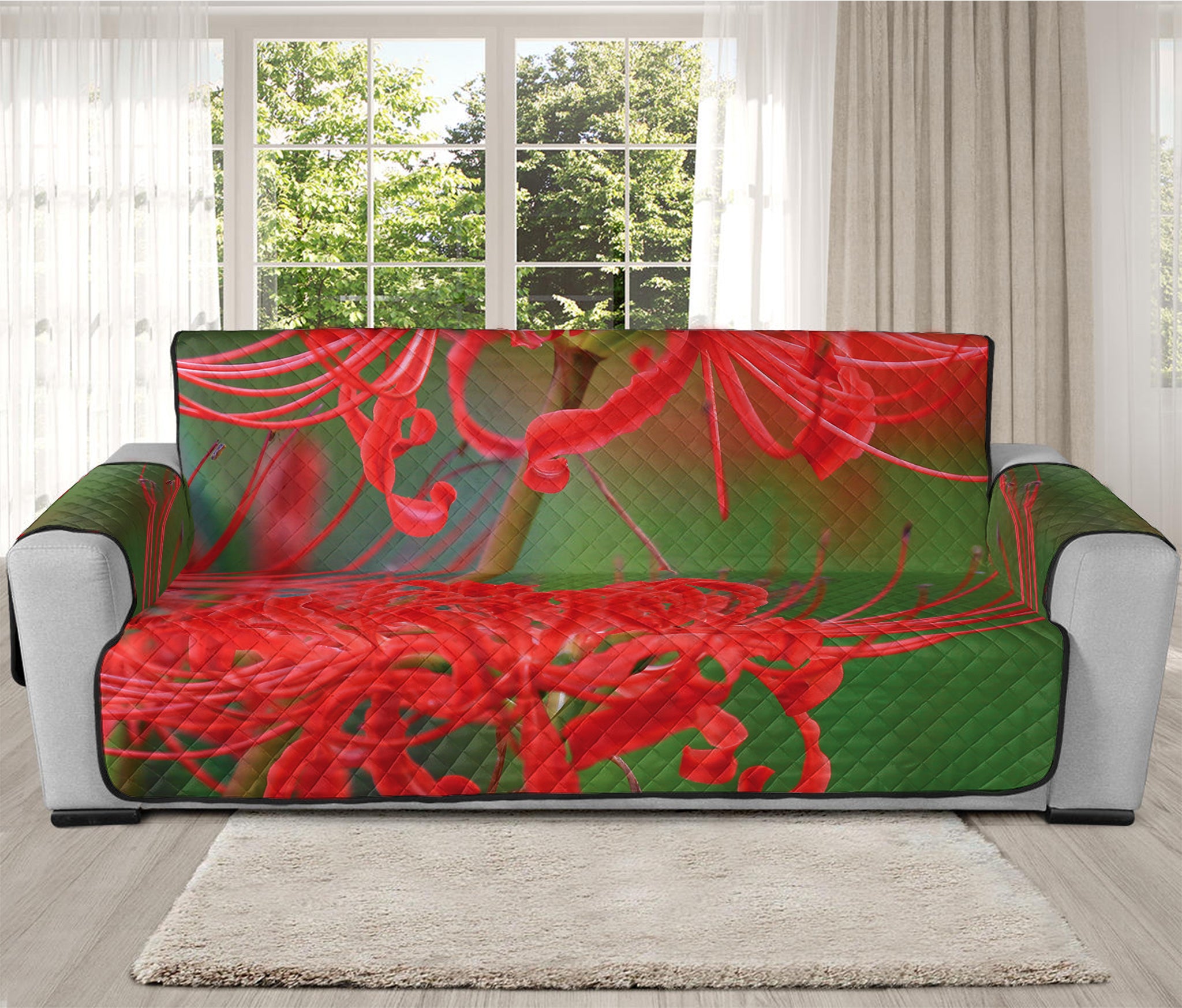 Red Japanese Amaryllis Print Oversized Sofa Protector