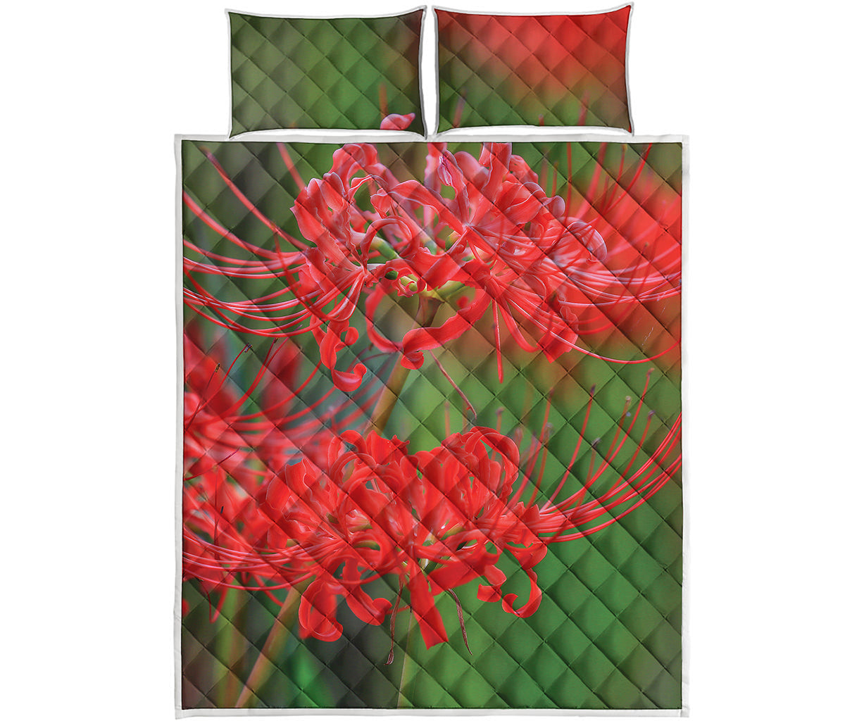 Red Japanese Amaryllis Print Quilt Bed Set