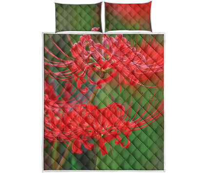 Red Japanese Amaryllis Print Quilt Bed Set