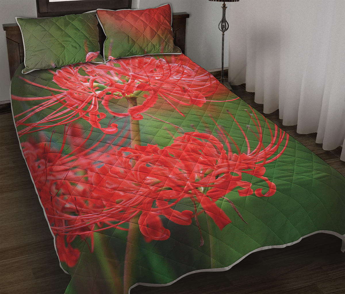 Red Japanese Amaryllis Print Quilt Bed Set
